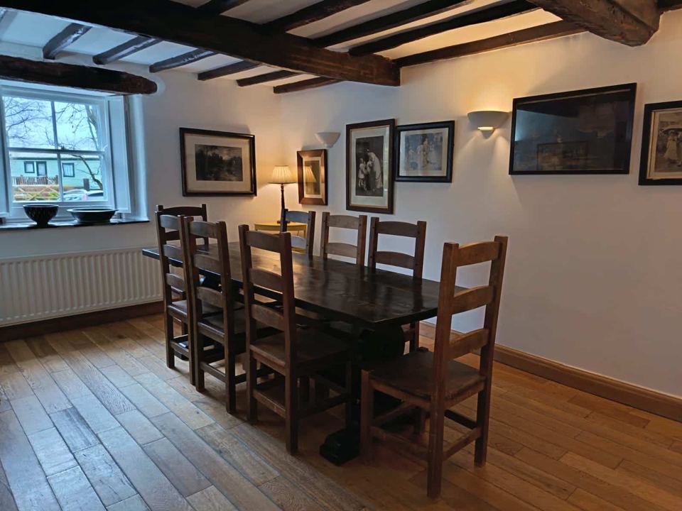 Dining room with beamed ceiling