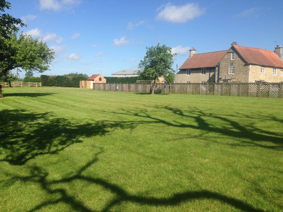 Open grass with the farmhouse behind