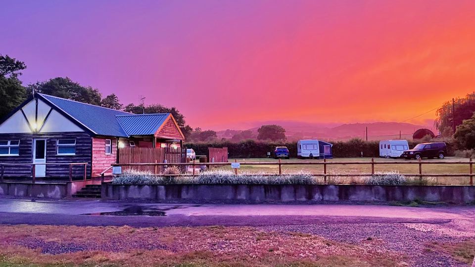 Amenity building at sunset
