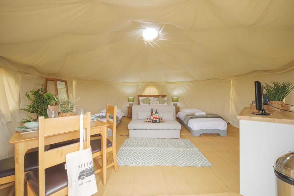 Inside a glamping yurt