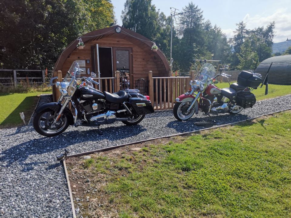 Pod with motorbikes outside