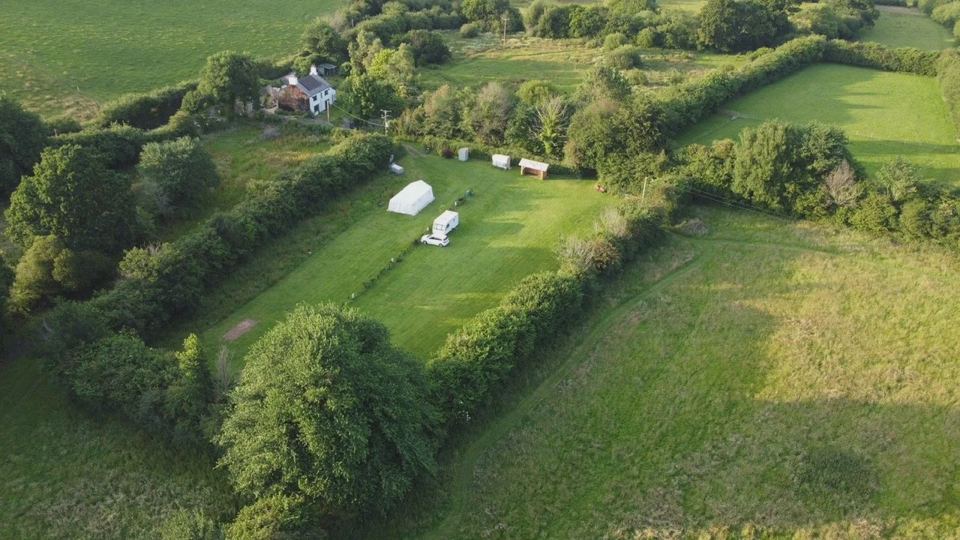 Aerial view of the tent pitch in the fields