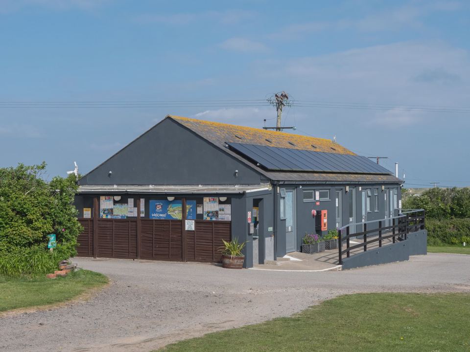 Reception building with solar panels