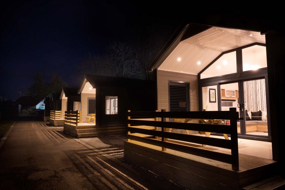Lodge lit up at night
