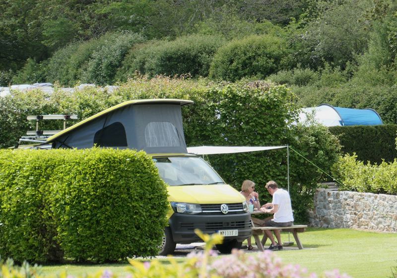 Campervan with pop-top by the hedge
