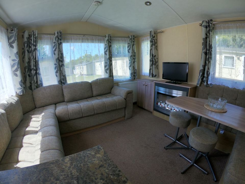Lounge with patterned curtains