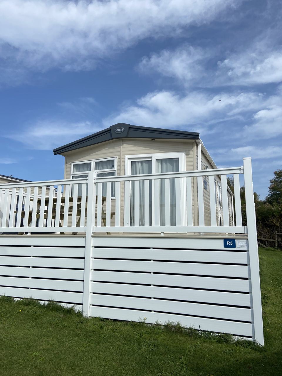Static caravan with decking