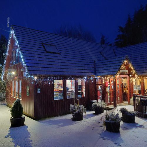 Reception building at dusk