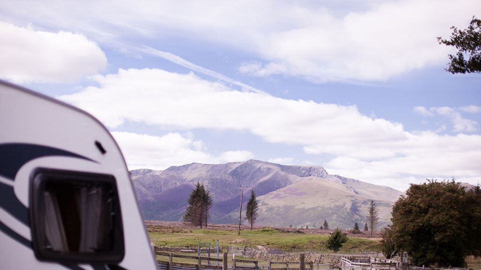 Mountains seen past a motorhome