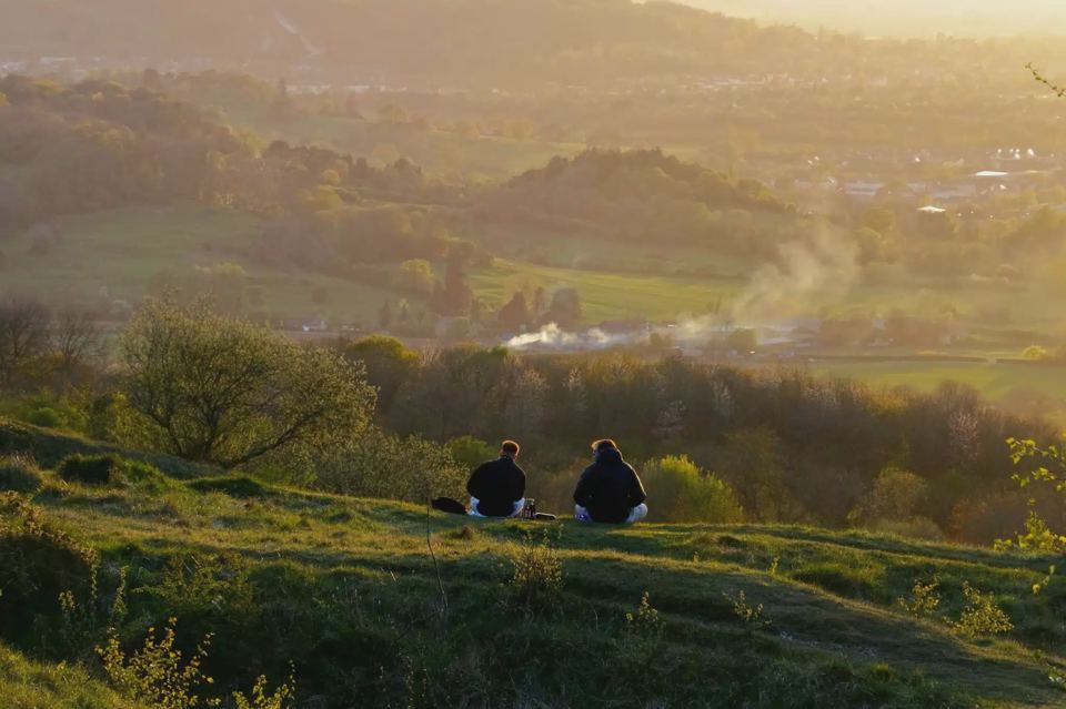 Misty valley view at sunrise