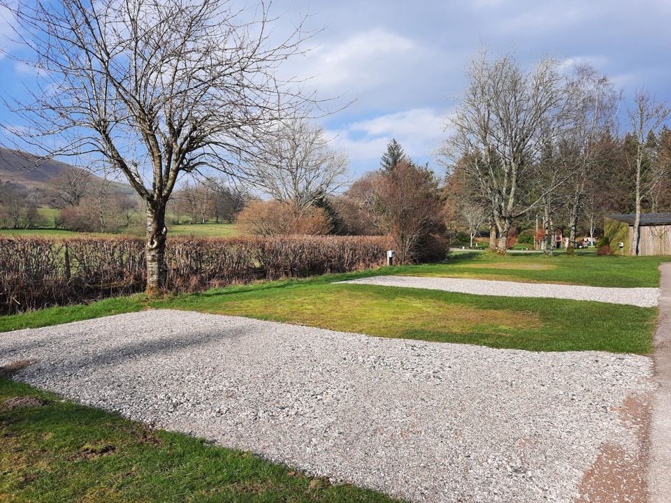 Gravel pitches beside the hedge
