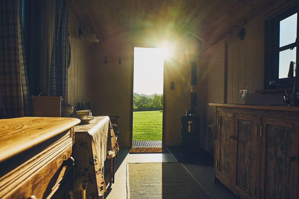 Hut interior with woodstove