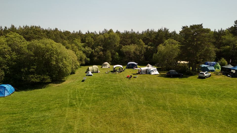 Open tent field by the woods