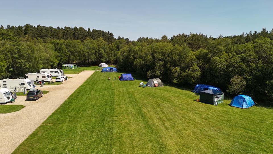 Grass field with tents and vans