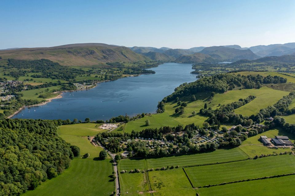 Aerial view of the lake and park