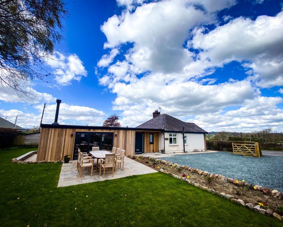 Cabin with decking and gravel