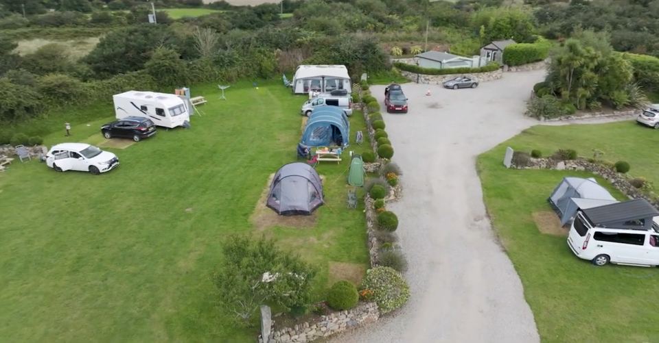 Aerial view of tents and caravans