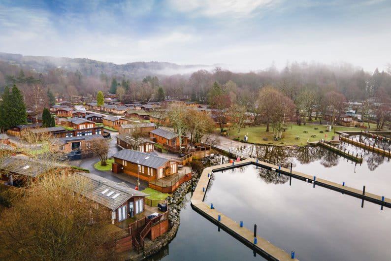 Aerial view of lodges by the lake