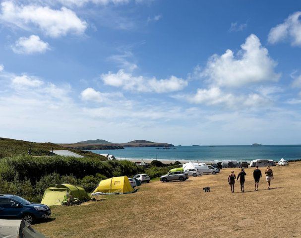 Walkers heading across the camping field