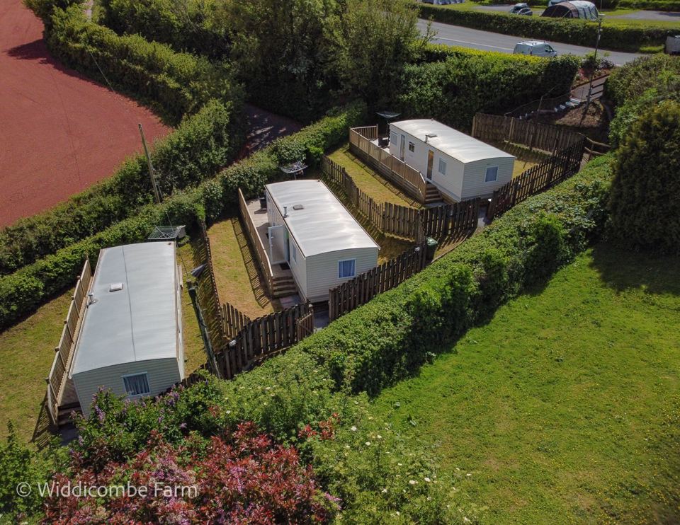 Aerial view of the caravans in hedged plots