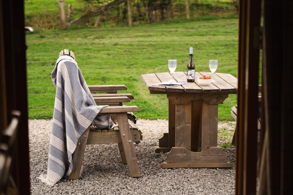 Patio table and farm view