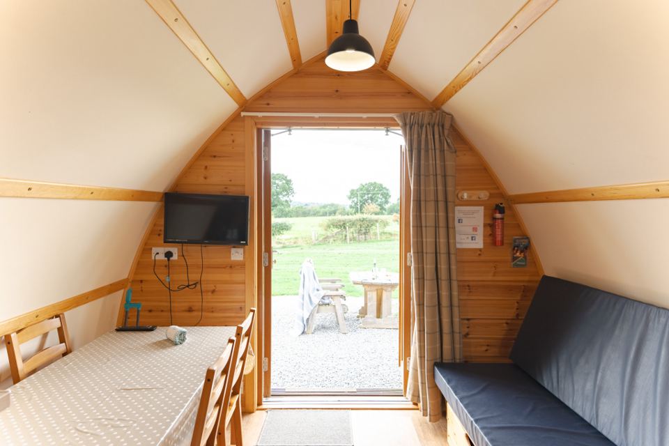 Cabin interior to the patio