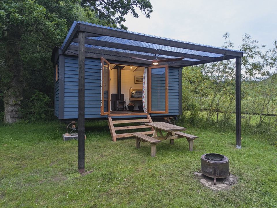 Shepherd's hut with porch and firepit