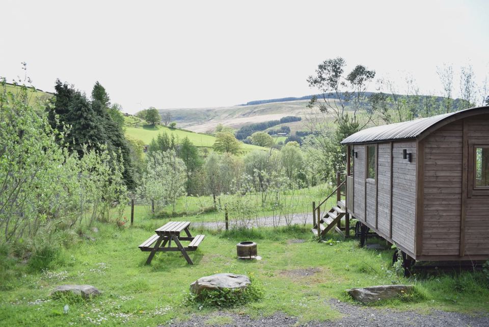 Hut, picnic table and firepit with valley view