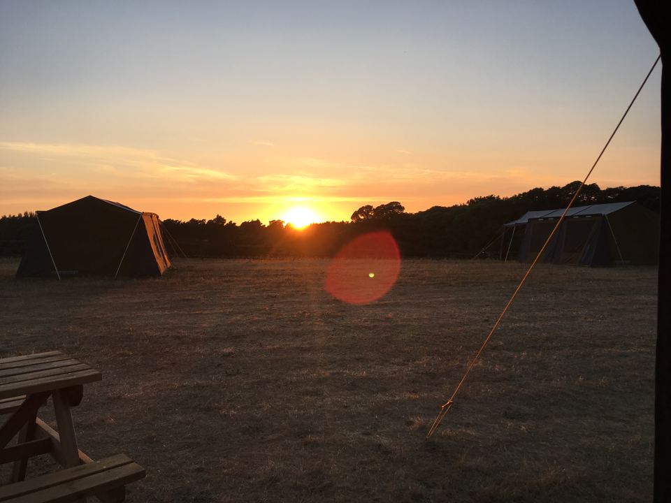 Pre-pitched tents at sunset