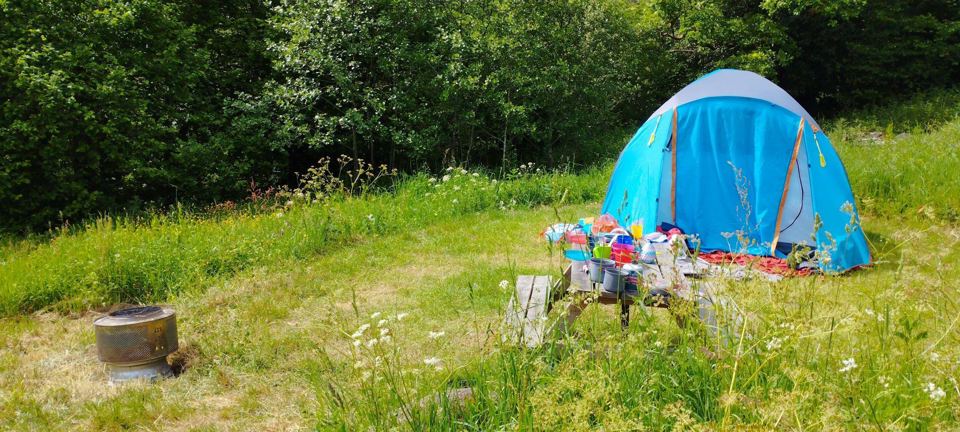 Blue tent in the meadow