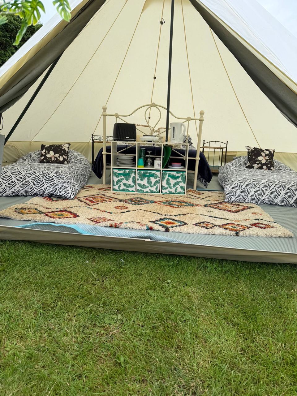 Inside the furnished bell tent